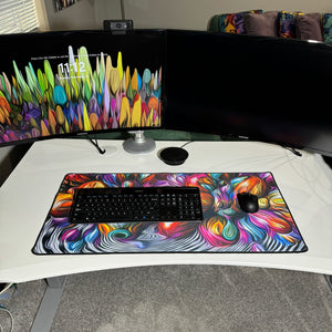 colorful neoprene desk mat on a white desk with a keyboard and mouse