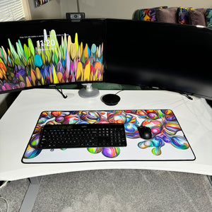 colorful neoprene desk mat on a white desk with a keyboard and mouse